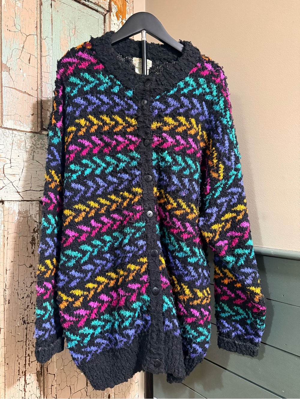 Vintage Harrington Park Cardigan Black Multicolor Chevron Oversized Sweater